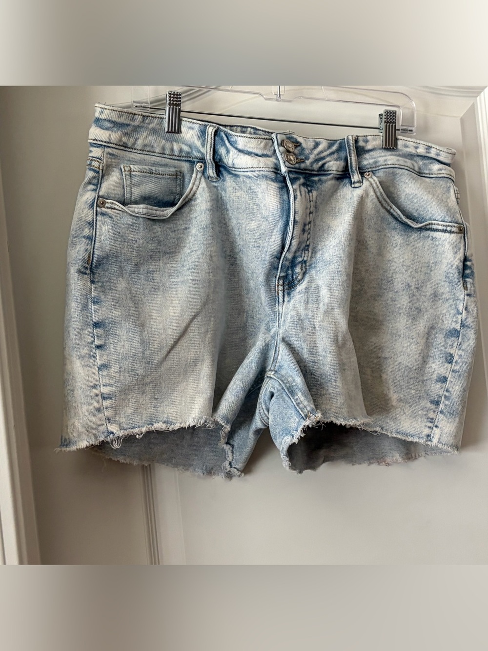 Light Blue Acid Wash Denim Shorts with Frayed Hem